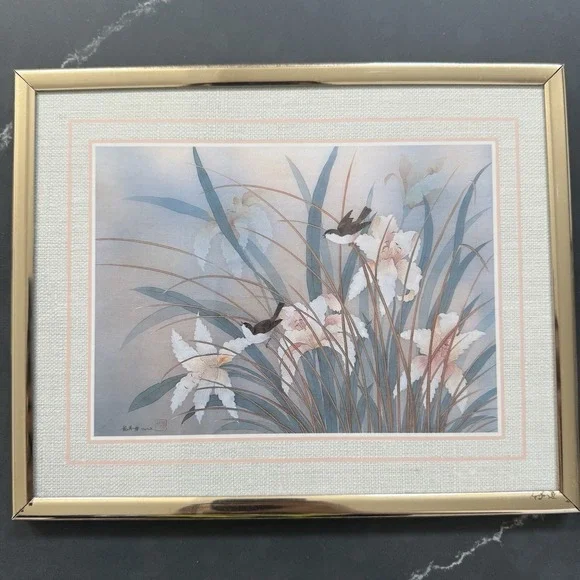 Vintage Chinese Watercolor Painting Framed Set of 3 Birds Flowers Signed - Picture 2 of 14